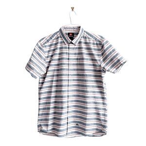 Quiksilver Mens Modern Striped Short Sleeve Button-Up Shirt Blue Red Size Large